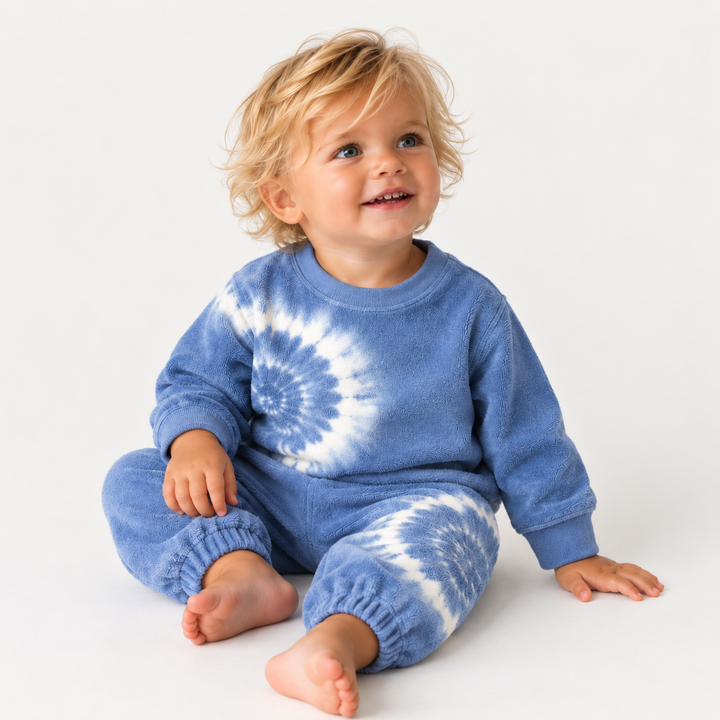 Toddler wearing PAIGELAUREN Blue Tie Dye Loop Terry Hand Dyed Lounge Set