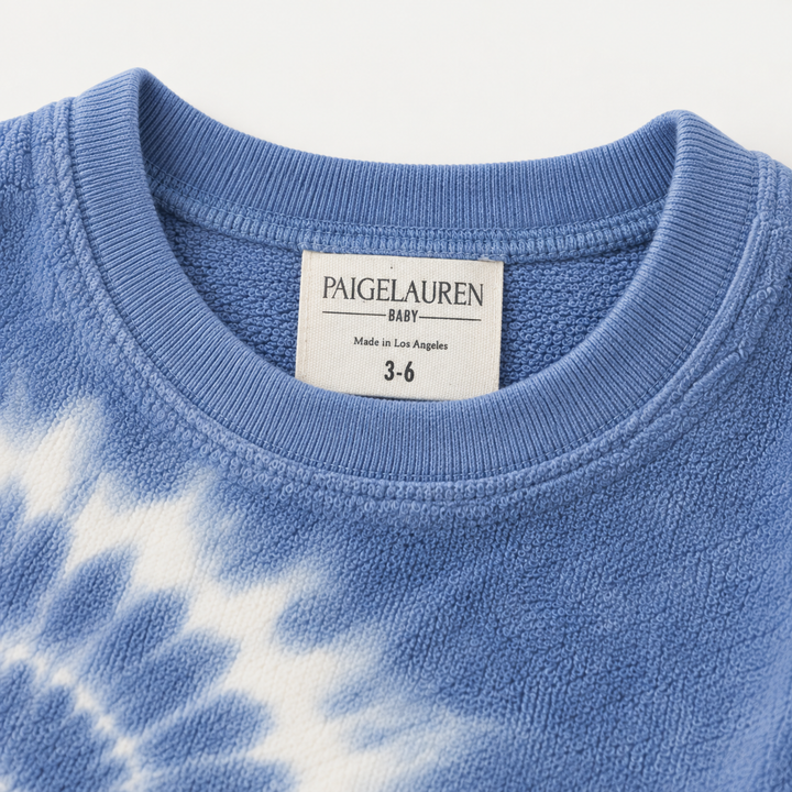 PAIGELAUREN Blue Tie Dye Loop Terry Pullover neckline and label detail