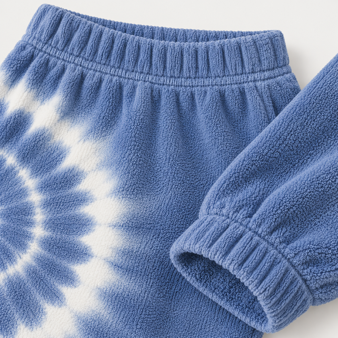 PAIGELAUREN Blue Tie Dye Loop Terry Pant waistband and fabric detail