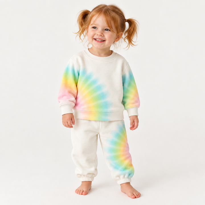 Toddler wearing PAIGELAUREN Pastel Tie Dye Loop Terry Hand Dyed Lounge Set