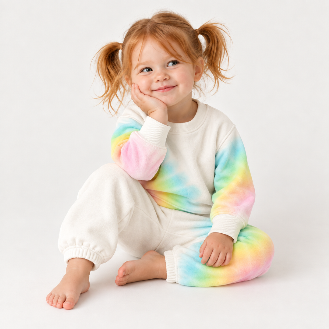 Toddler in PAIGELAUREN Pastel Tie Dye Loop Terry Pullover and Pant Set
