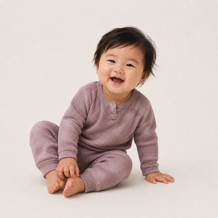 Baby crawling PAIGELAUREN Marble Brown Thermal Henley Tee and Legging Set