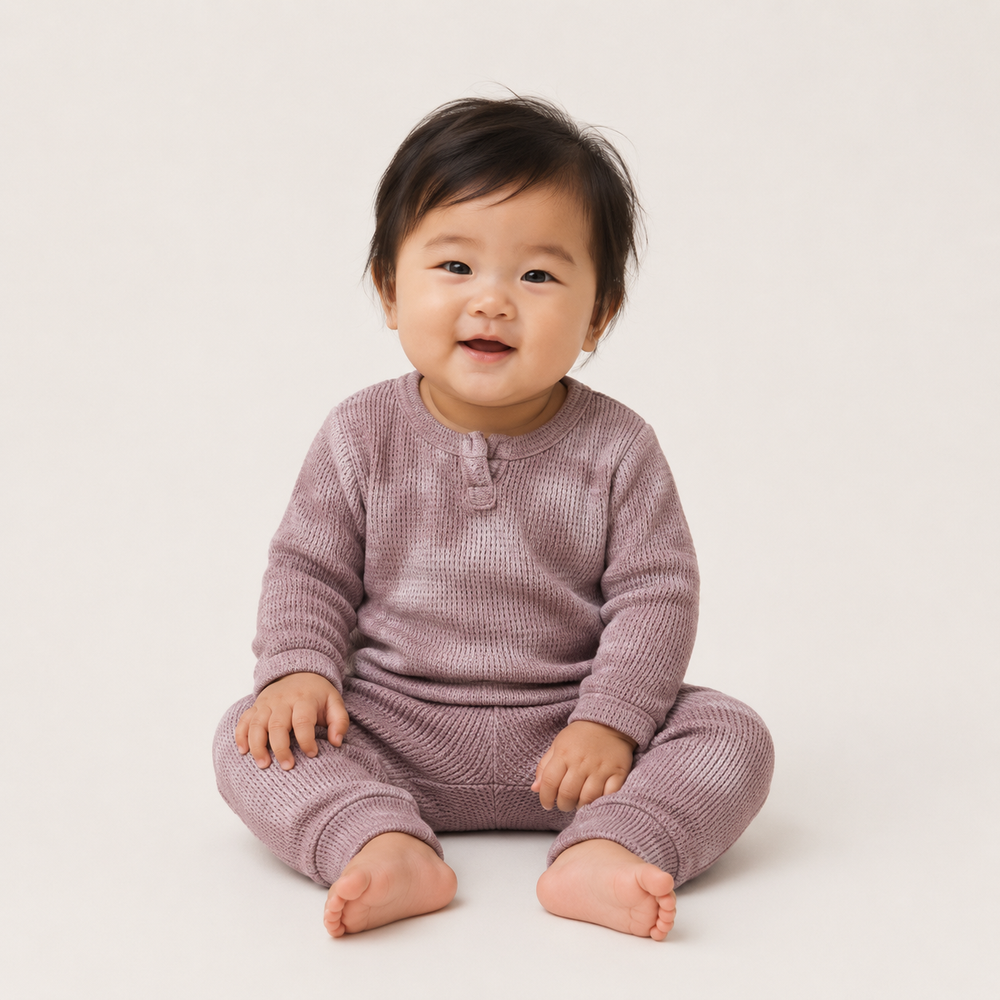Baby wearing PAIGELAUREN Marble Brown Thermal Henley Tee and Legging Set