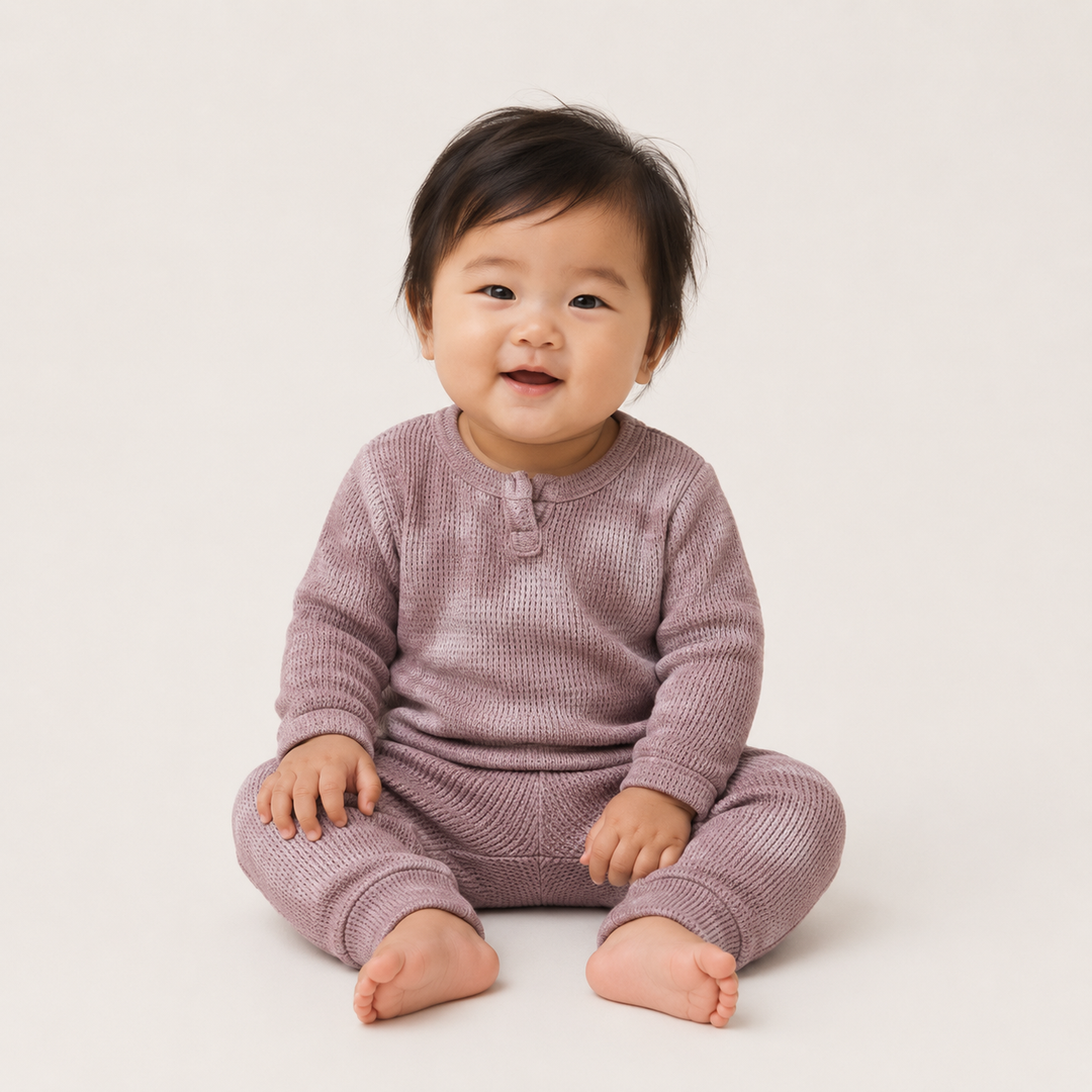 Baby wearing PAIGELAUREN Marble Brown Thermal Henley Tee and Legging Set