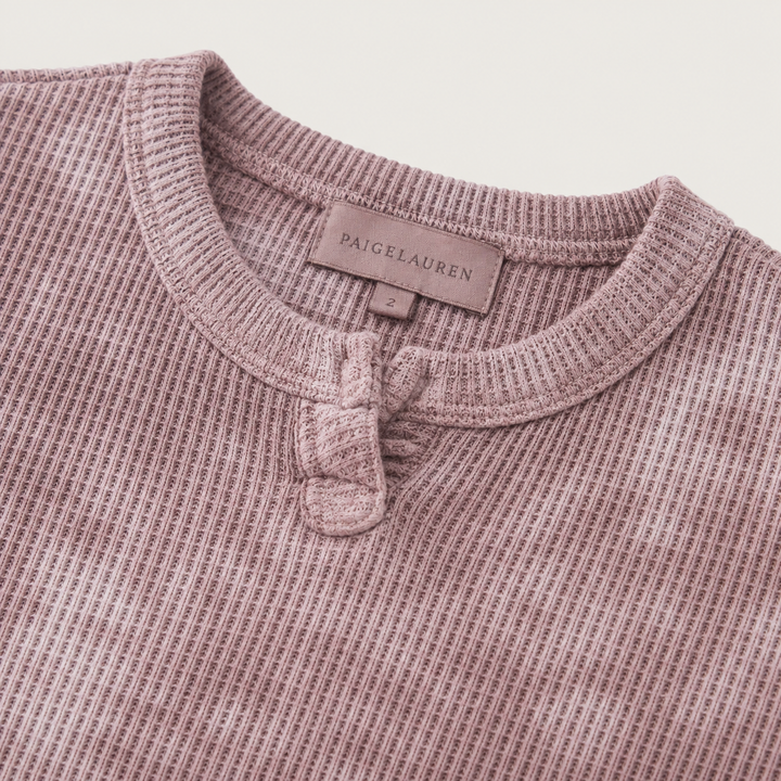 Marble Brown Thermal open henley neckline detail with PAIGELAUREN garment-dyed label