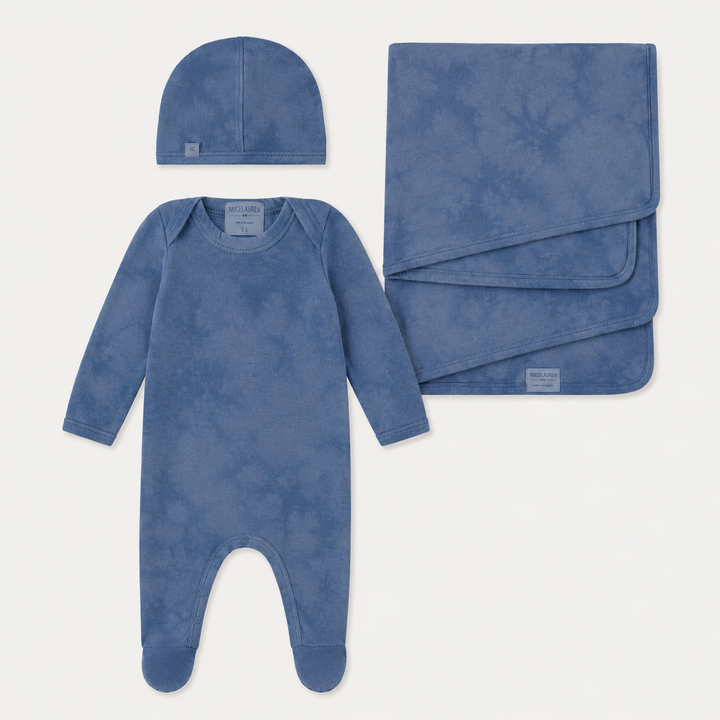 PAIGELAUREN Marble Brushed Hacci Newborn Essentials Set in Blue with footed romper, beanie and matching baby blanket