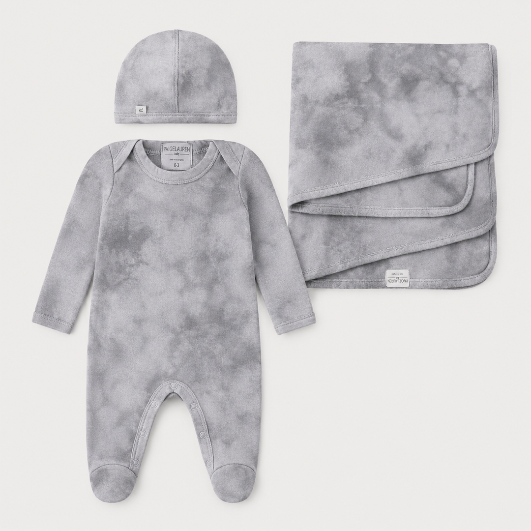 PAIGELAUREN Marble Brushed Hacci Newborn Essentials Set in Gray with footed romper, beanie and matching baby blanket