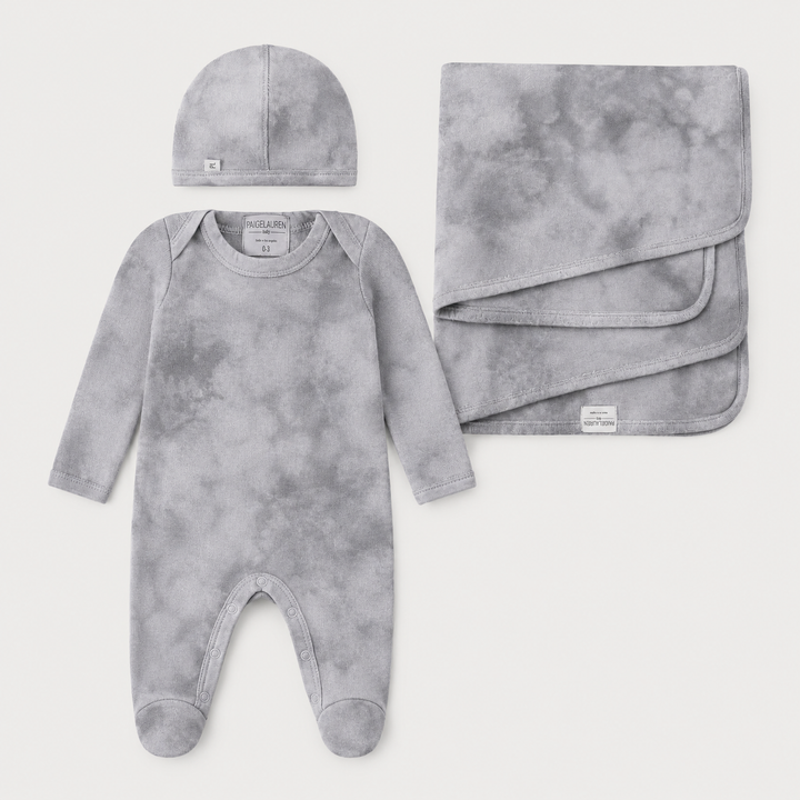 PAIGELAUREN Marble Brushed Hacci Newborn Essentials Set in Gray with footed romper, beanie and matching baby blanket