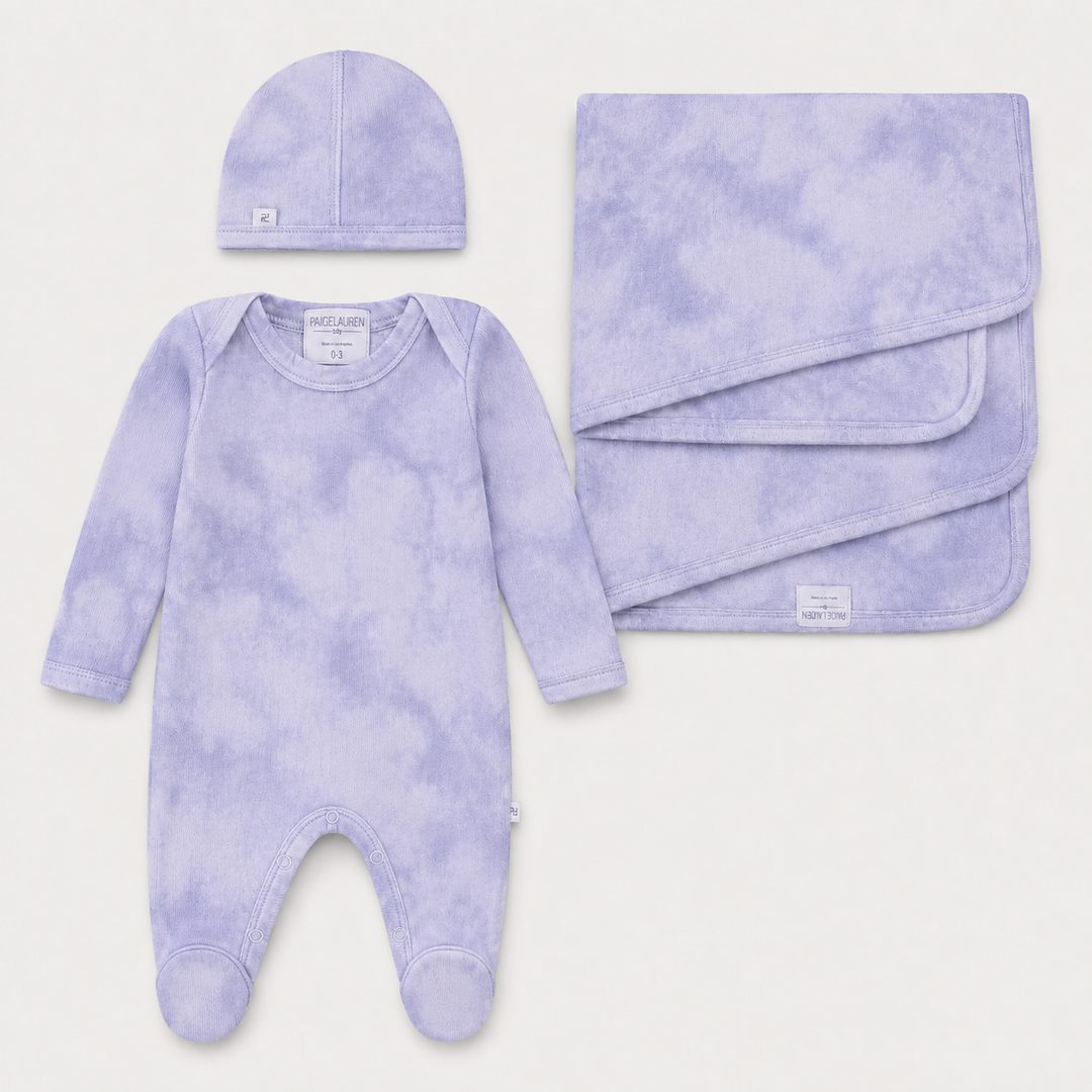 PAIGELAUREN Marble Brushed Hacci Newborn Essentials Set in Lavender with footed romper, beanie and matching baby blanket