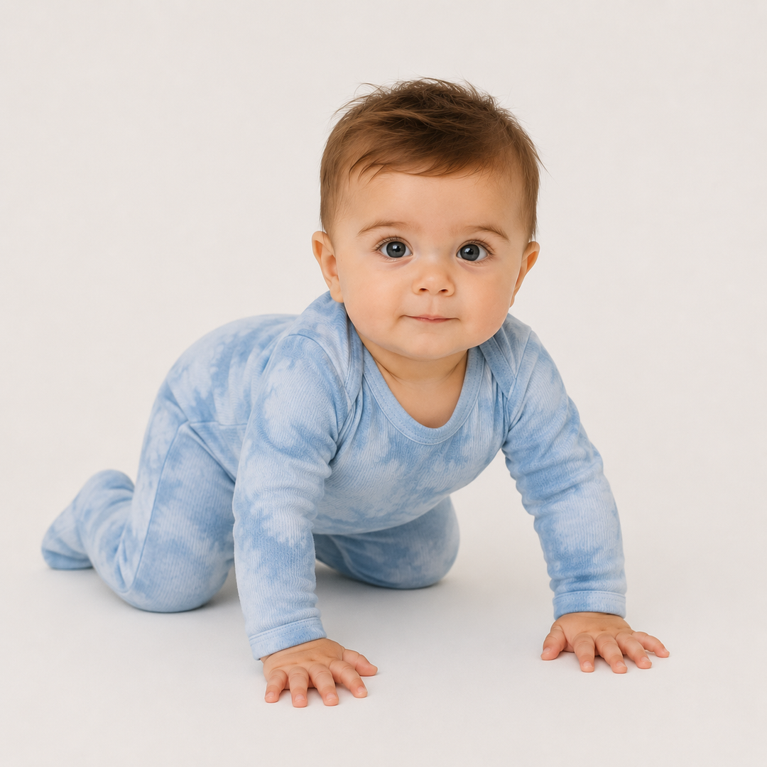 Baby crawling in PAIGELAUREN blue Marble Brushed Hacci Footed Pajama