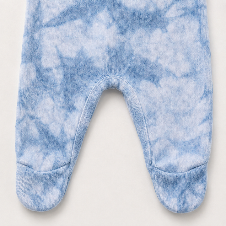 Crotch and footed leg detail of PAIGELAUREN blue Marble Brushed Hacci Pajama