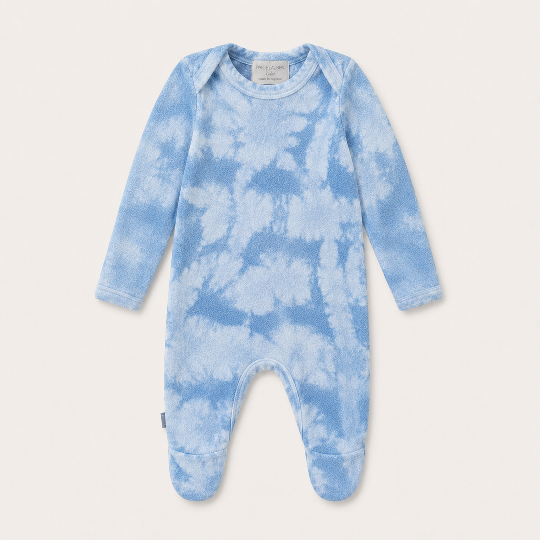 PAIGELAUREN Marble Brushed Hacci Pajama in blue with hand-dyed marble pattern and footed design