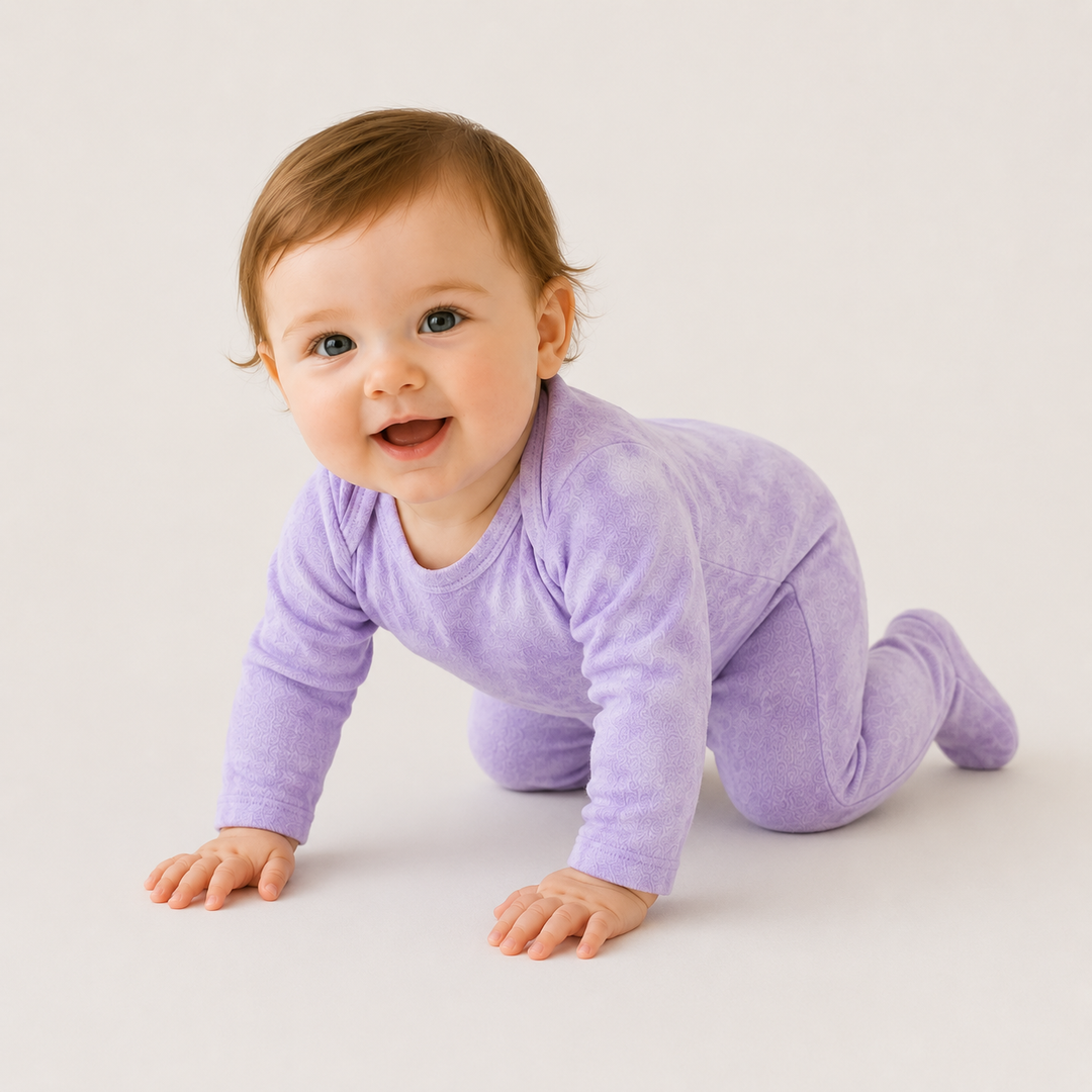 Baby crawling in PAIGELAUREN lavender Marble Brushed Hacci Footed Pajama