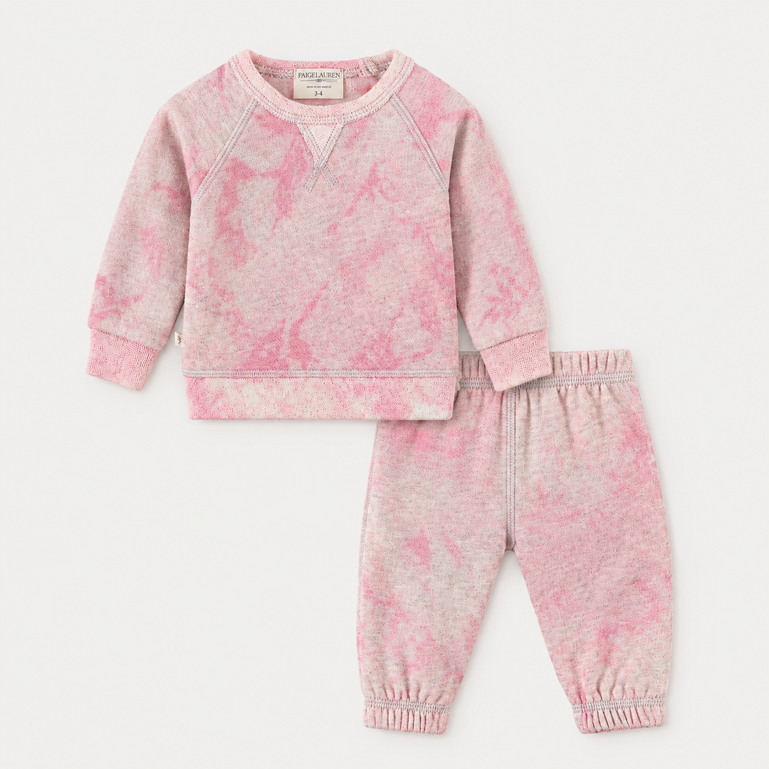 PAIGELAUREN Marble Heathered Pink Brushed Fleece Boatneck Sweatshirt and Sweatpant Set