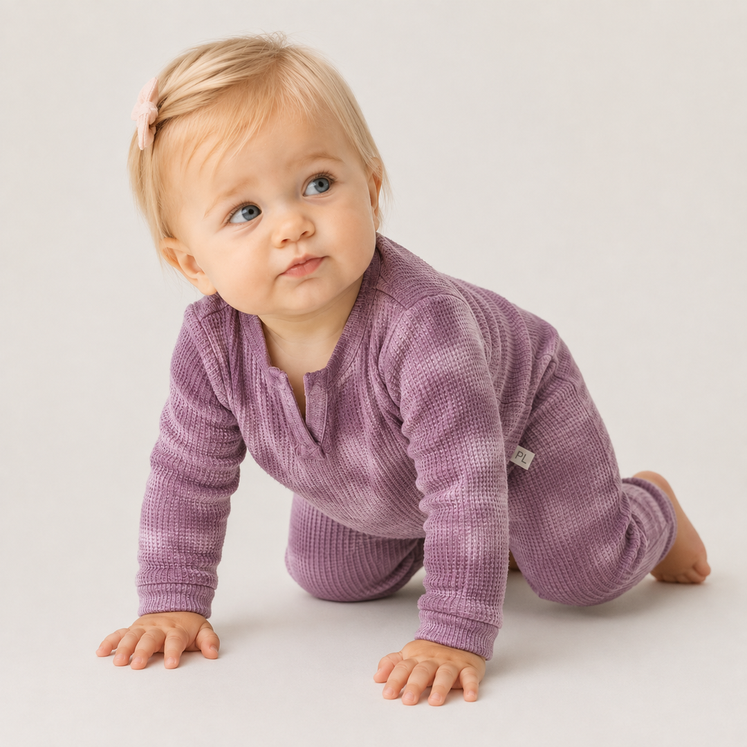 Baby crawling PAIGELAUREN Marble Plum Thermal Henley Tee and Legging Set