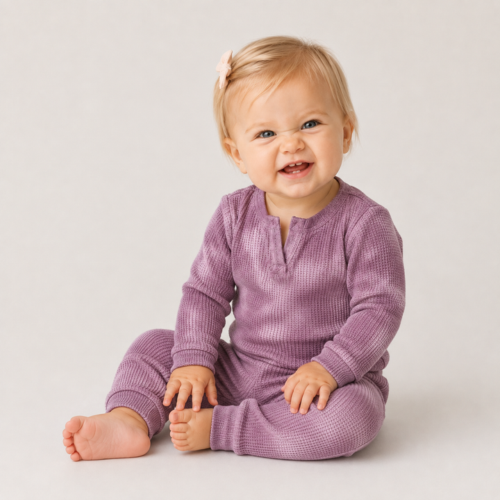 Baby wearing PAIGELAUREN Marble Plum Thermal Henley Tee and Legging Set