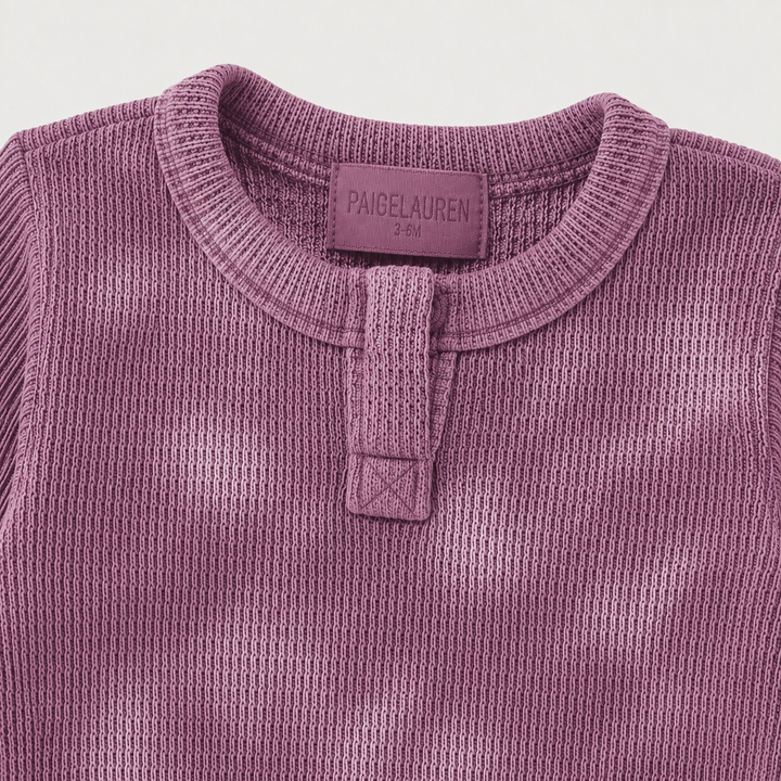 Marble Plum Thermal open henley neckline detail with PAIGELAUREN garment-dyed label
