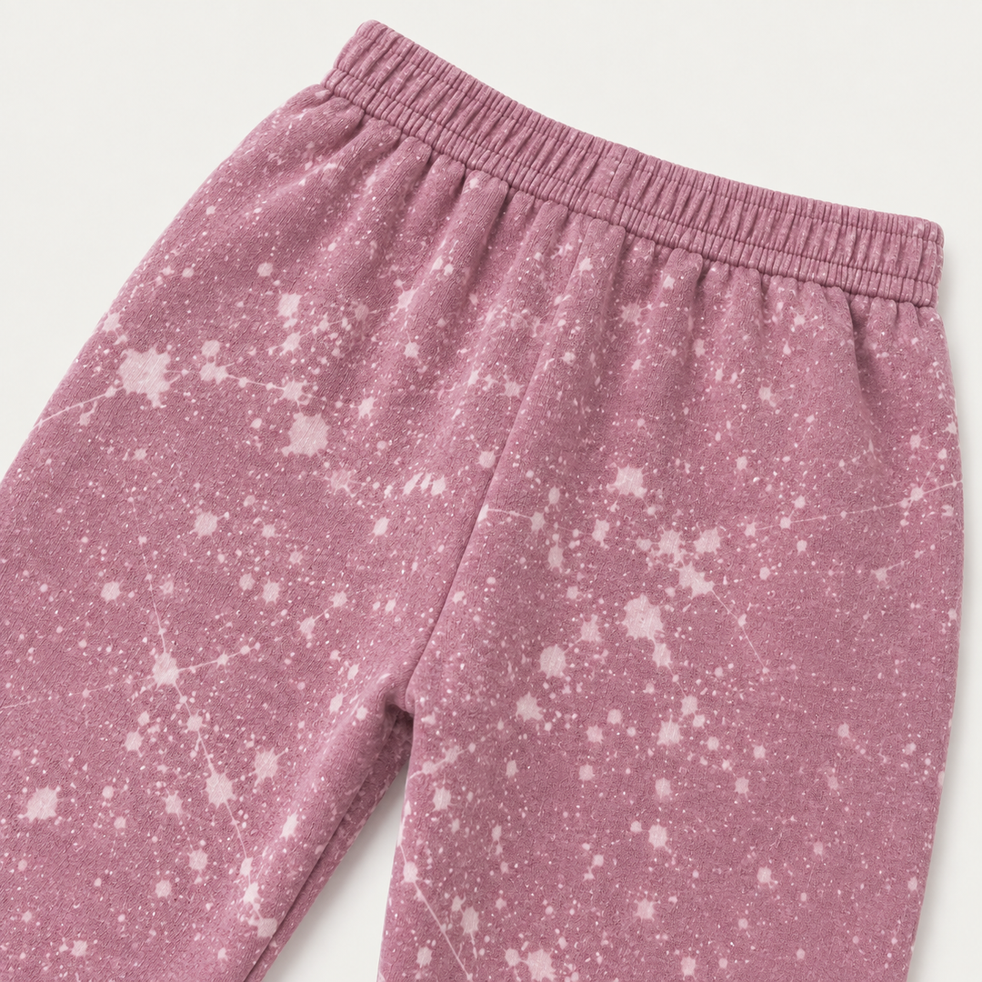 Mauve Splatter Brushed Rib balloon pant with elastic waistband and ankle