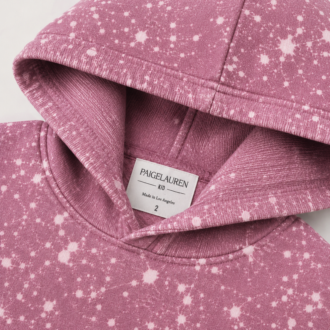 Mauve Splatter Brushed Rib hoodie detail with PAIGELAUREN neck label