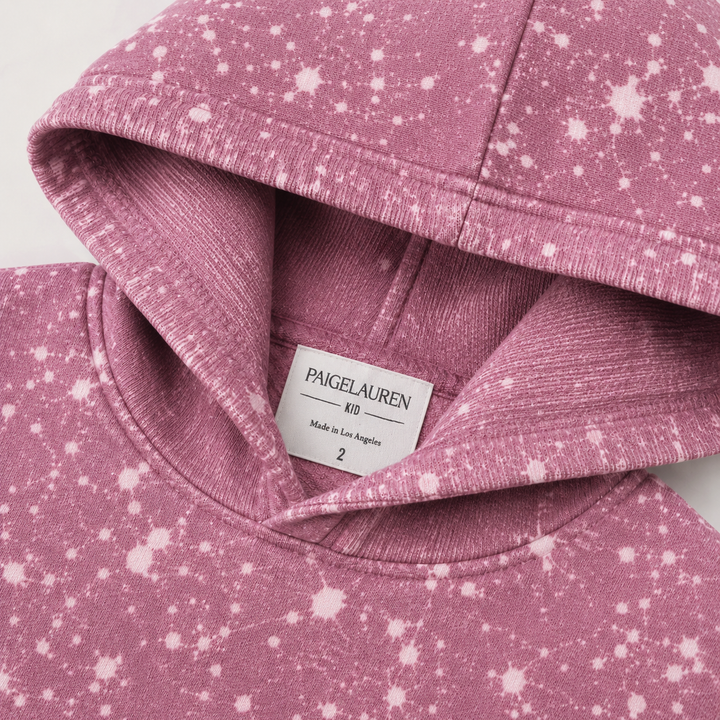 Mauve Splatter Brushed Rib hoodie detail with PAIGELAUREN neck label