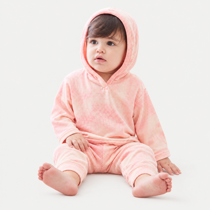 Toddler wearing PAIGELAUREN Melon Marble Rib Hoodie + Legging Set
