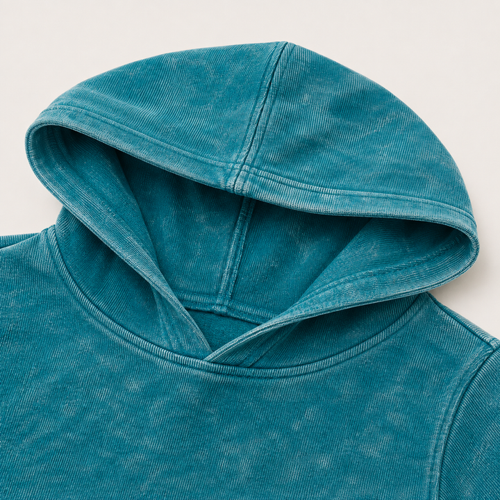 Close-up of PAIGELAUREN Mineral Aqua Rib Hoodie neckline and mineral wash detail