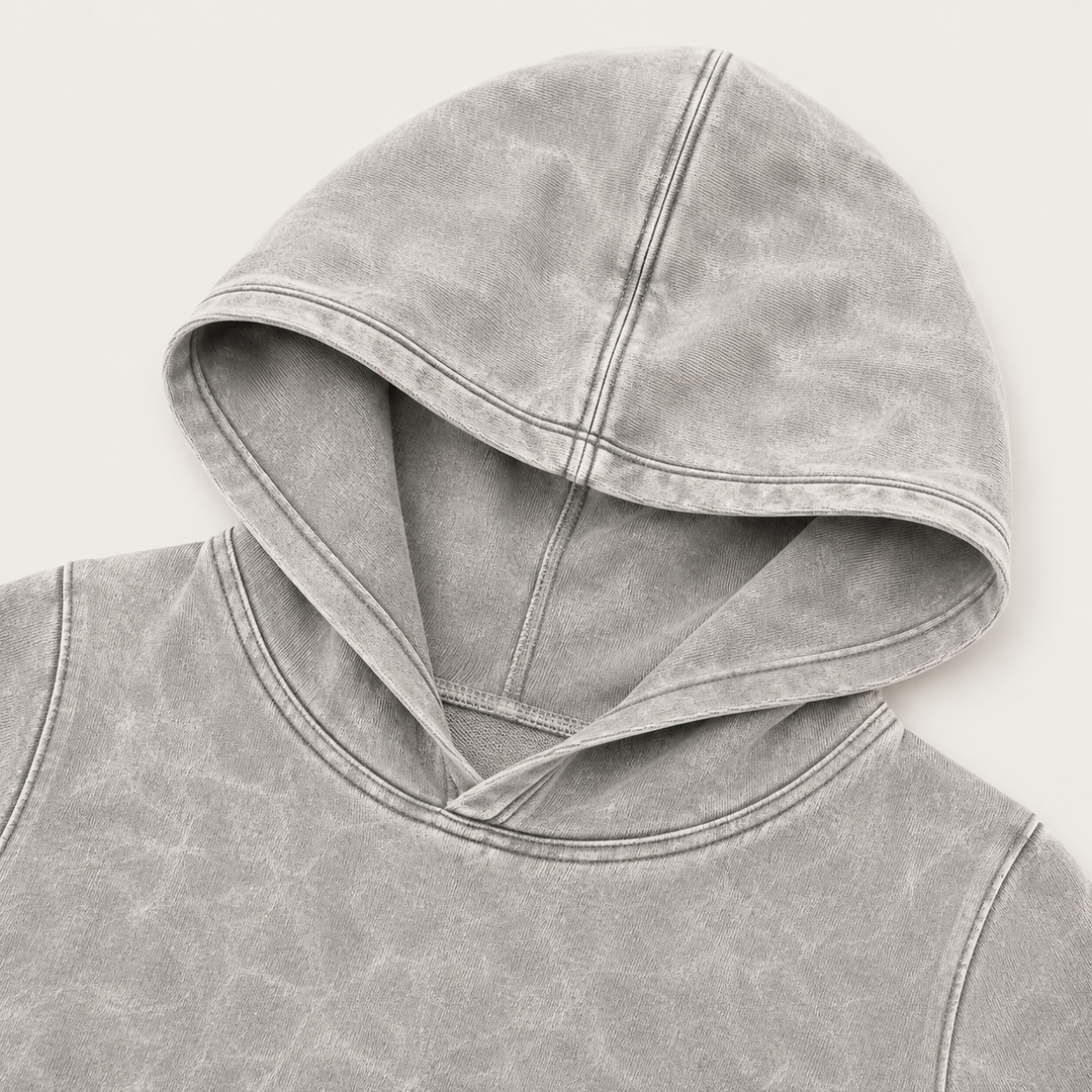 Close-up of PAIGELAUREN Mineral Gray Rib Hoodie neckline and mineral wash detail