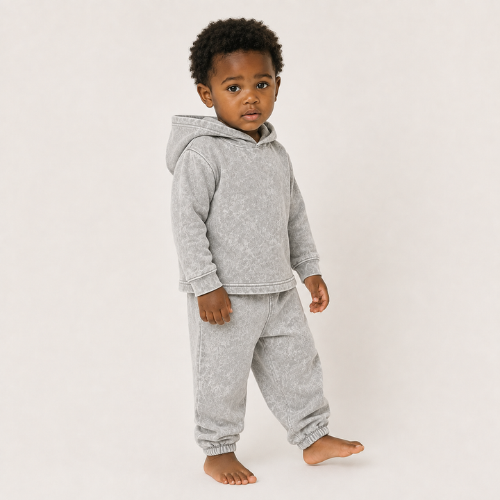 Toddler wearing PAIGELAUREN Mineral Gray Rib Hoodie & Baggy Pant Set