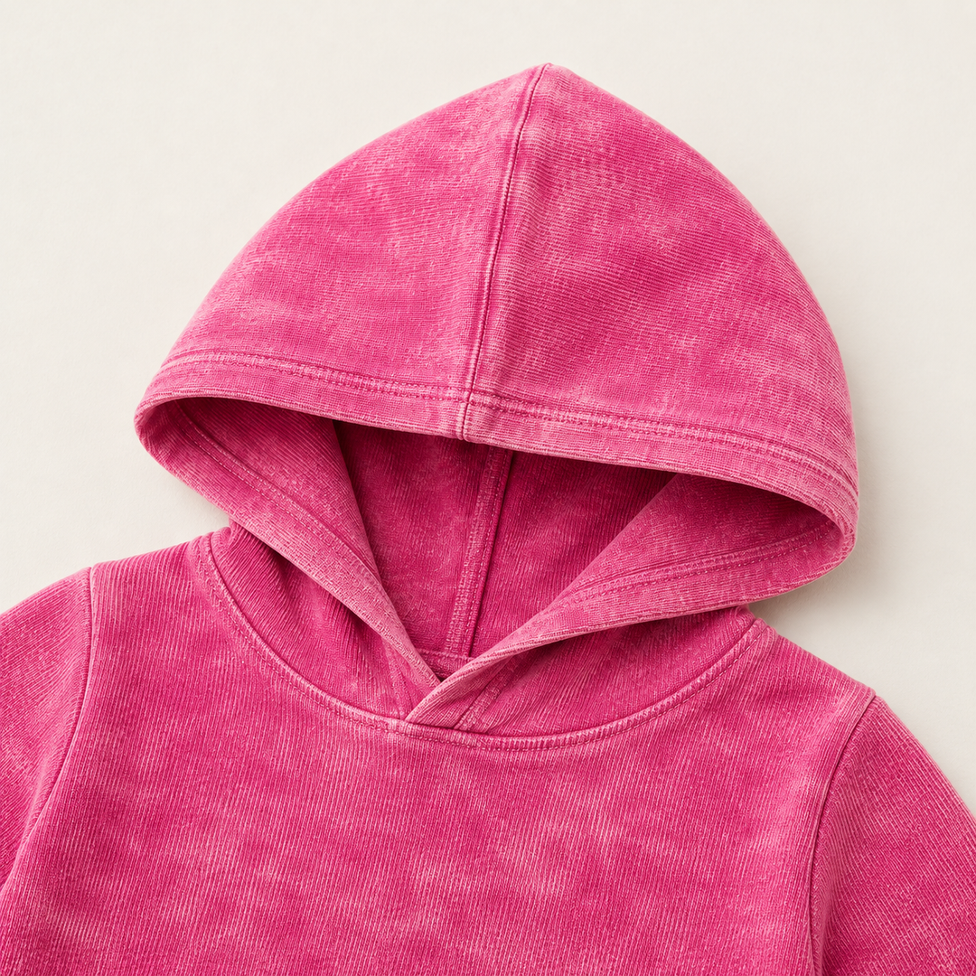 Close-up of PAIGELAUREN Mineral Magenta Rib Hoodie neckline and mineral wash detail