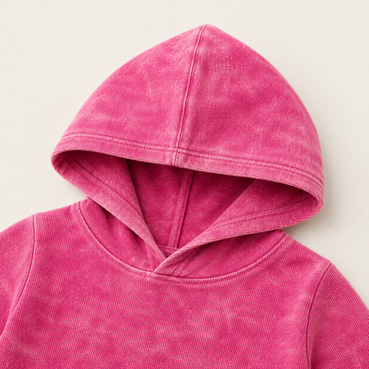 Close-up of PAIGELAUREN Mineral Magenta Rib Hoodie neckline and mineral wash detail