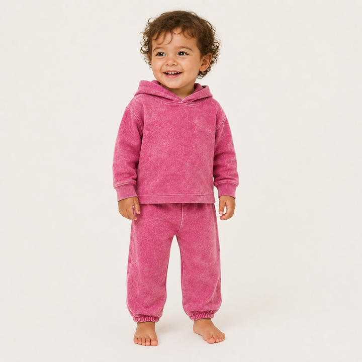 Toddler wearing PAIGELAUREN Mineral Magenta Rib Hoodie & Baggy Pant Set