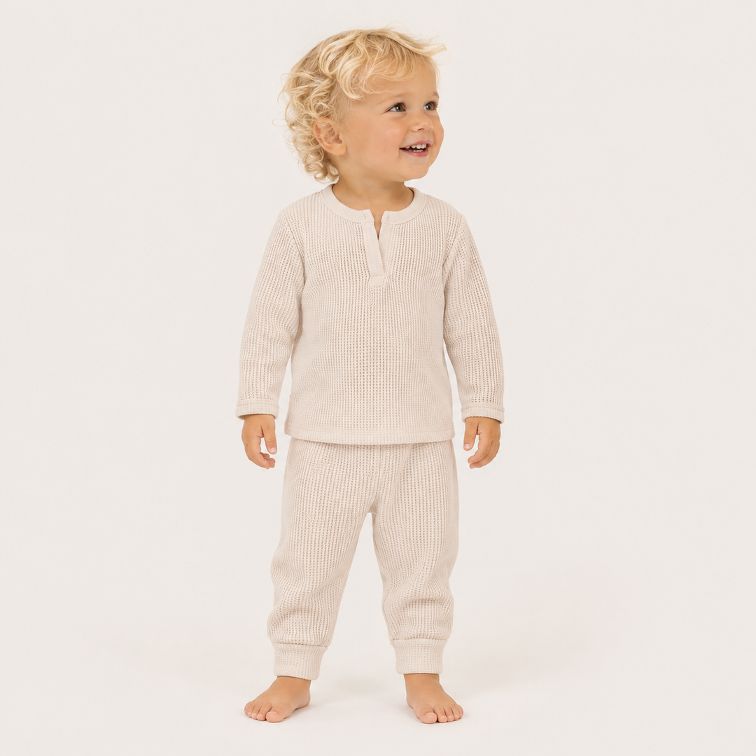 Toddler wearing PAIGELAUREN Mineral Wash Thermal Henley Long John Set in Bone