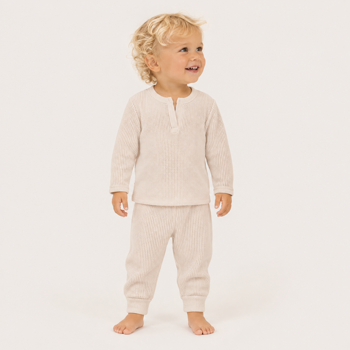 Toddler wearing PAIGELAUREN Mineral Wash Thermal Henley Long John Set in Bone