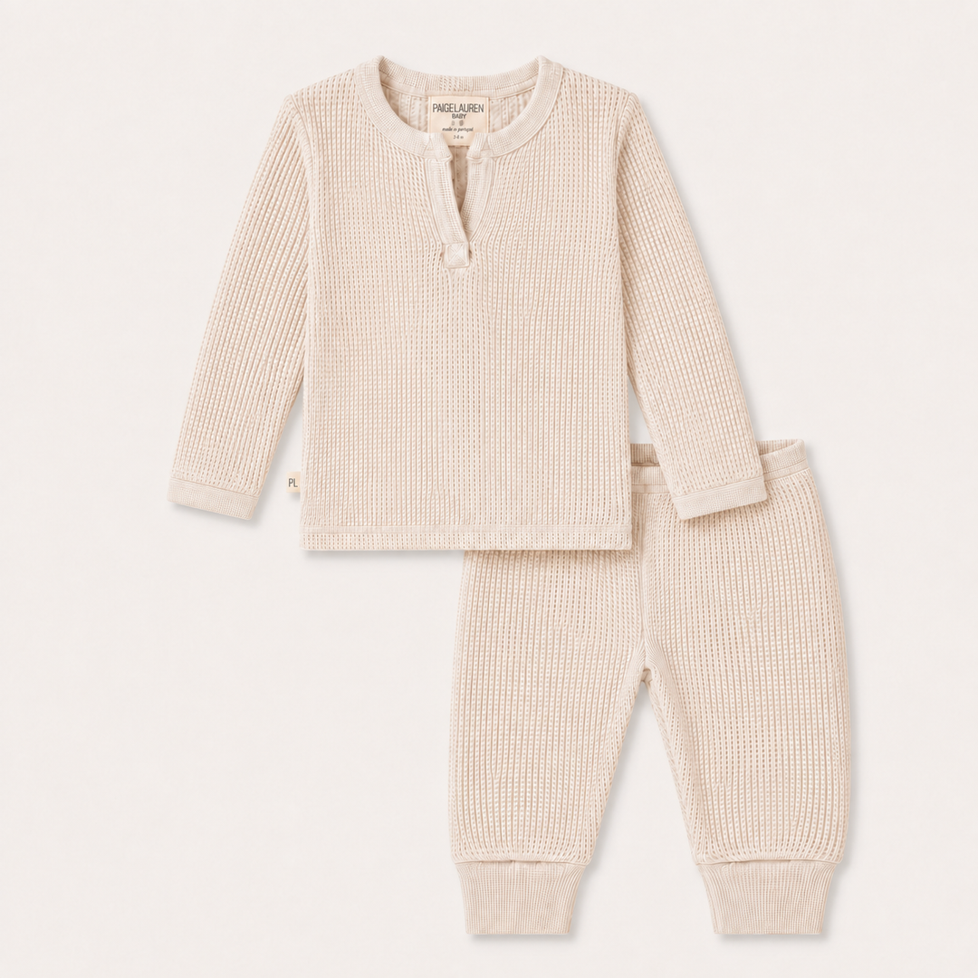 PAIGELAUREN Mineral Wash Thermal Henley Long John Set in Bone