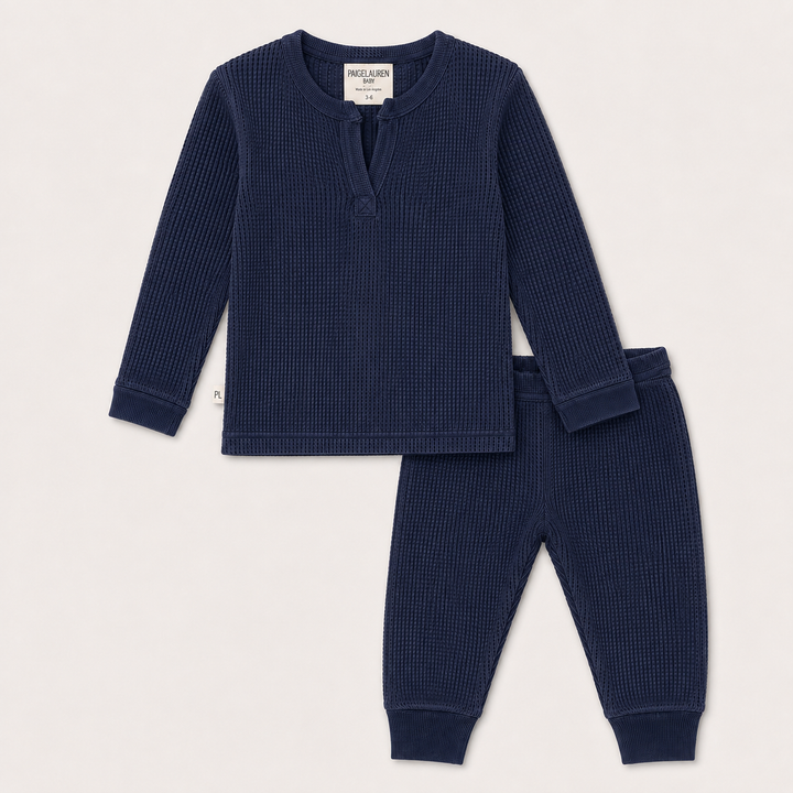 PAIGELAUREN Mineral Wash Thermal Henley Long John Set in Navy