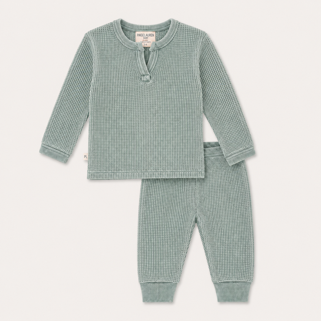 PAIGELAUREN Mineral Wash Thermal Henley Long John Set in Sage