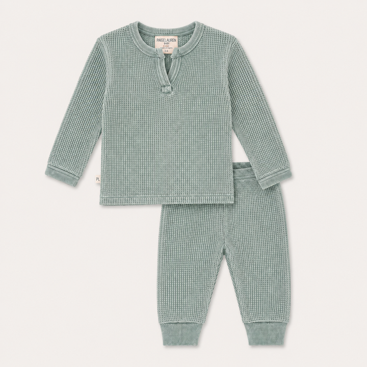 PAIGELAUREN Mineral Wash Thermal Henley Long John Set in Sage