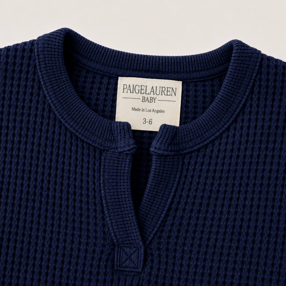 PAIGELAUREN Navy mineral wash thermal henley neckline and label detail