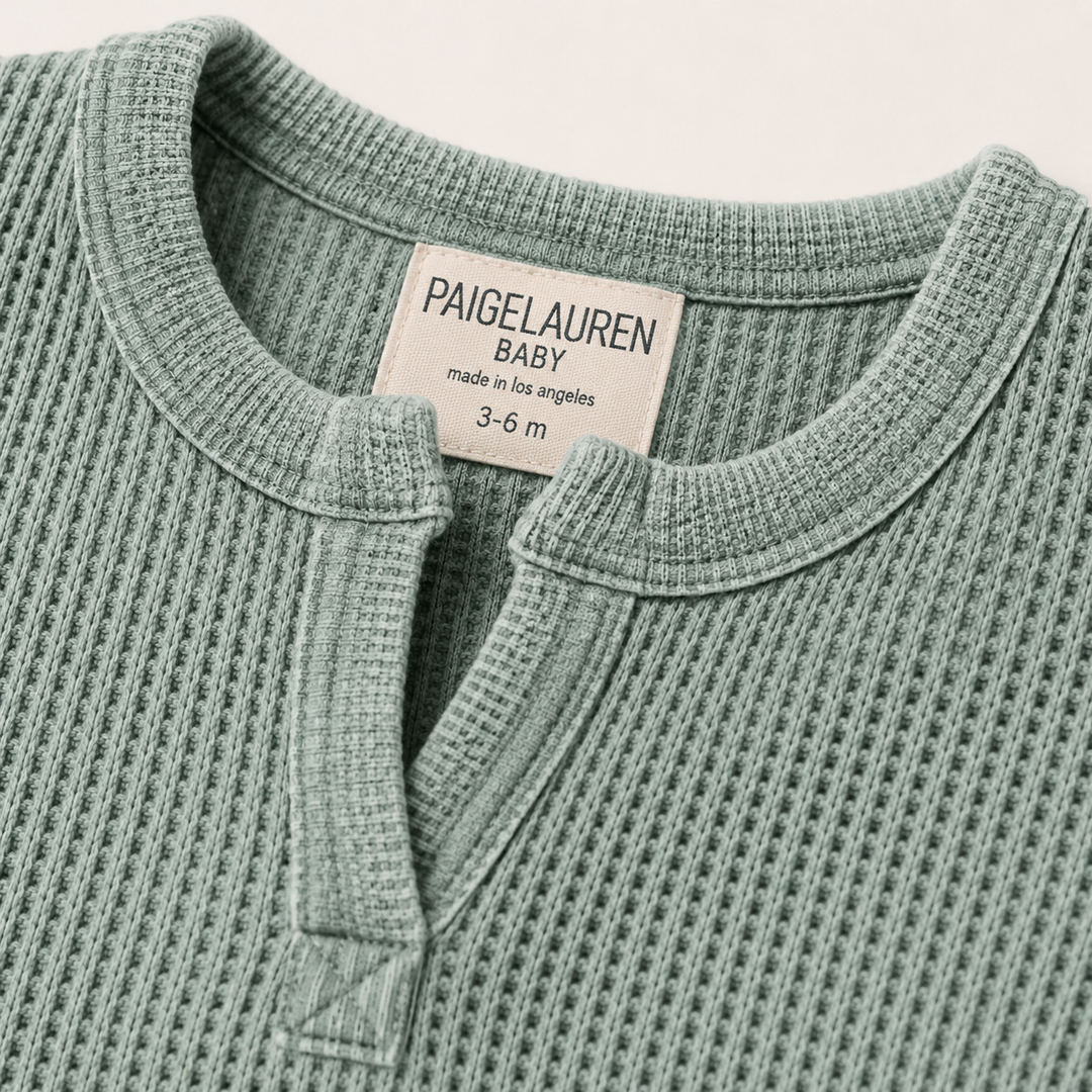 PAIGELAUREN Sage mineral wash thermal henley neckline and label detail