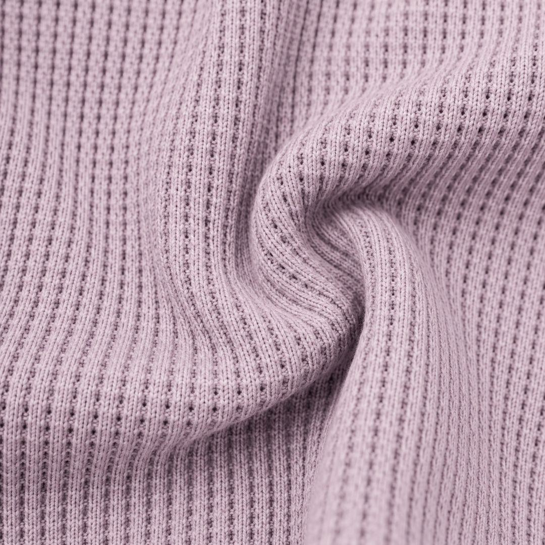 Close-up of PAIGELAUREN soft mineral wash thermal fabric in Lilac