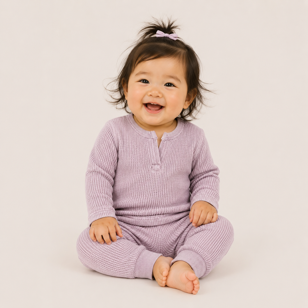 Baby crawling PAIGELAUREN Mineral Wash Thermal Henley Long John Set in Lilac