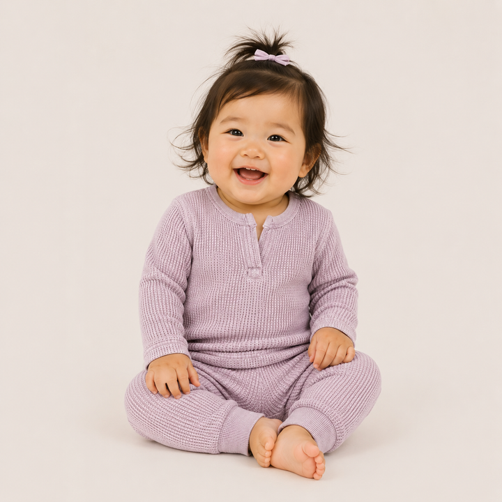 Baby crawling PAIGELAUREN Mineral Wash Thermal Henley Long John Set in Lilac