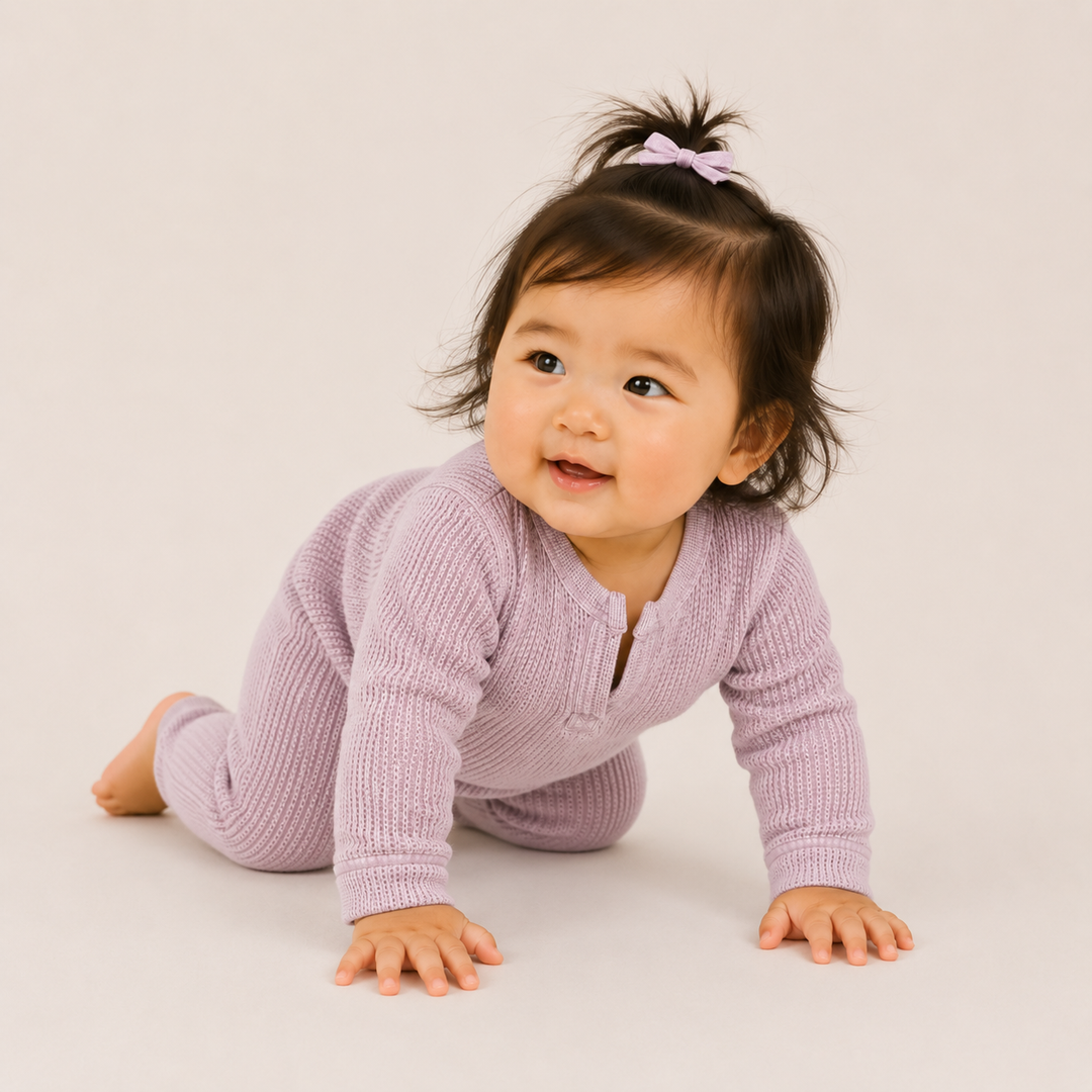 Baby wearing PAIGELAUREN Mineral Wash Thermal Henley Long John Set in Lilac