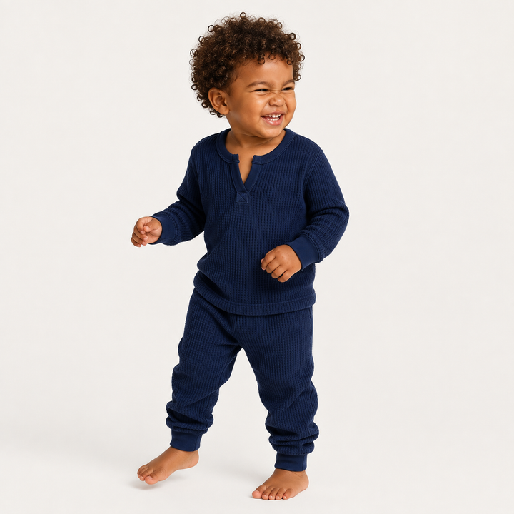 Baby wearing PAIGELAUREN Mineral Wash Thermal Henley Long John Set in Navy