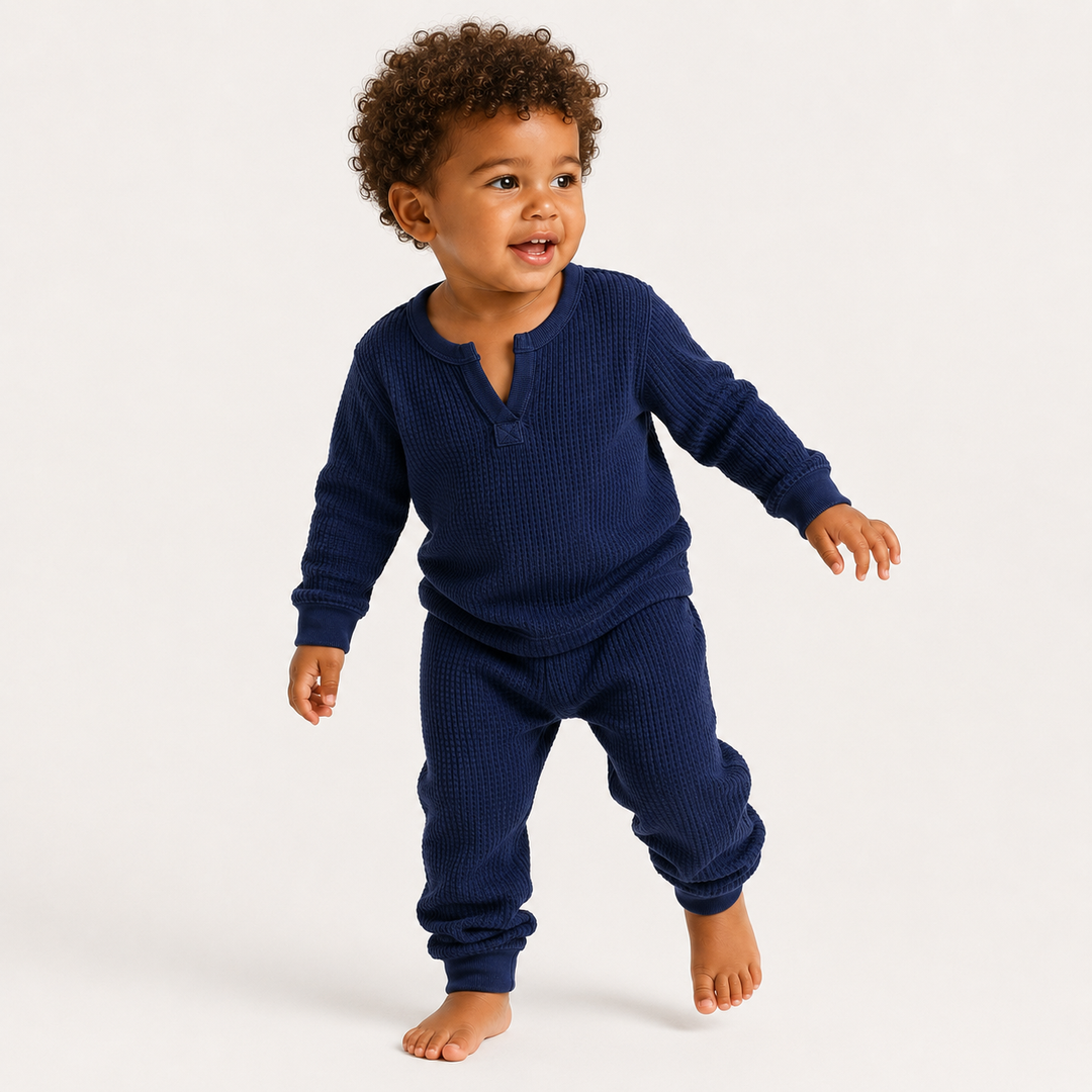 Toddler wearing PAIGELAUREN Mineral Wash Thermal Henley Long John Set in Navy