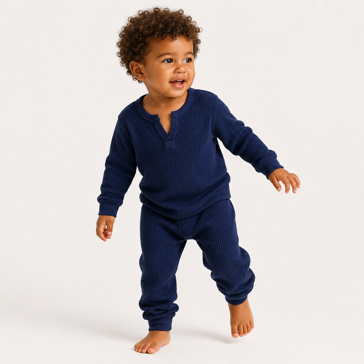 Toddler wearing PAIGELAUREN Mineral Wash Thermal Henley Long John Set in Navy