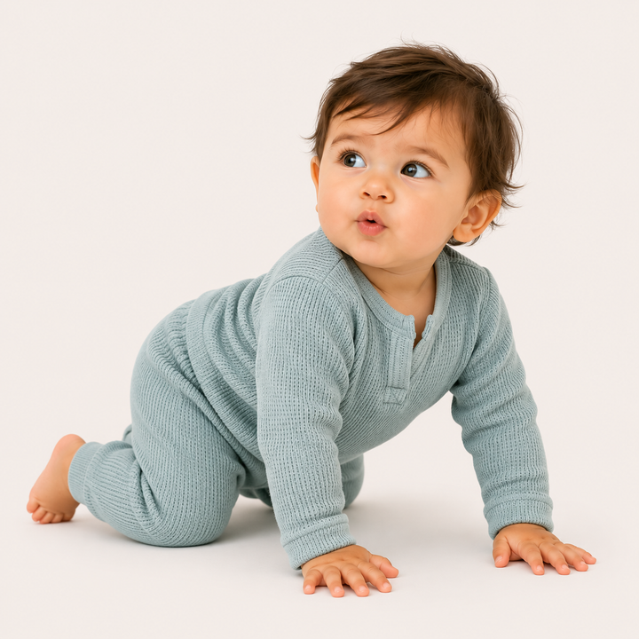 Baby wearing PAIGELAUREN Mineral Wash Thermal Henley Long John Set in Sage