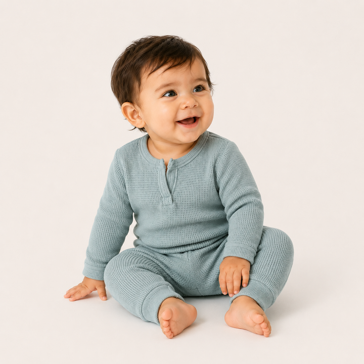 Baby wearing PAIGELAUREN Mineral Wash Thermal Henley Long John Set in Sage