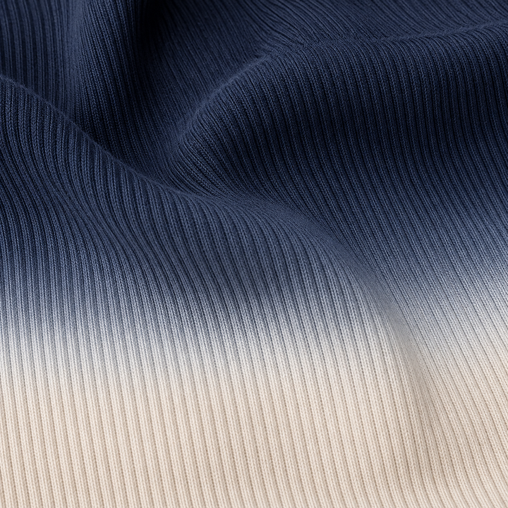Close-up of PAIGELAUREN Navy Dip Dye 2x1 rib fabric texture