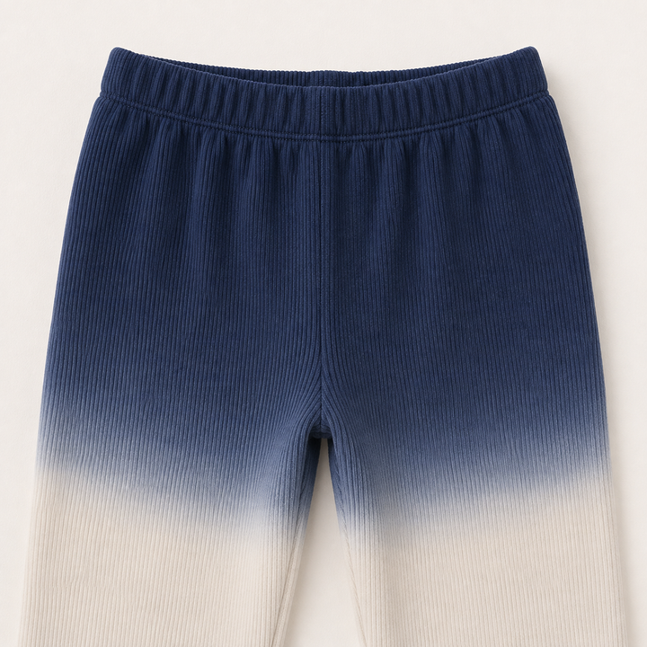 Navy Dip Dye ribbed baggy pant detail with elastic waistband and ankle